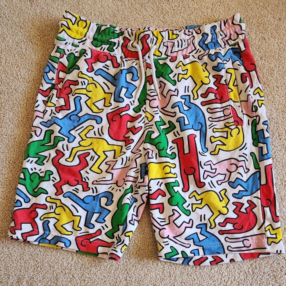 H&M X Keith Haring Multicolor Cartoon Print Drawstring Shorts